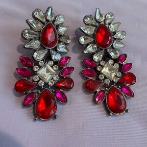 Elegant Red, Pink and Clear Rhinestone Statement Earrings